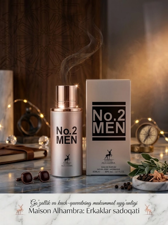 Erkaklar parfyum suvi No.2 Men 80 ml, o'ziga xos yog'ochli va yangi iforli Alhambra