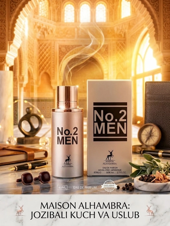 Erkaklar atiri No.2 Men, 80 ml, o'ziga xos yog'ochli va yangi iforli parfyum suvi Alhambra