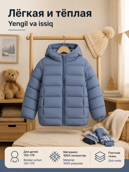 Bolalar uchun yengil va issiq kapyushonli kurtka (puxovik), bo'yi 110-170 sm