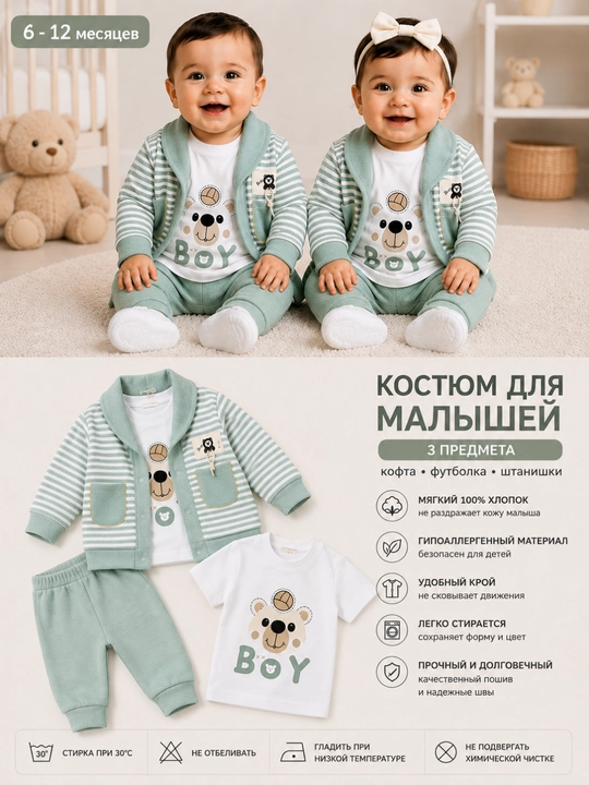 Детский костюм 6–12 месяцев, кофта, футболка и брюки для малышей