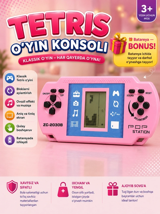 Bolalar uchun Tetris o'yin konsoli, musiqali va ovozli, batareyada ishlaydi, 3+ yosh - 