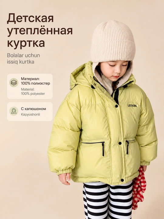 Куртка зимняя детская теплая с капюшоном оверсайз, пуховик для детей, 120-160 см - 