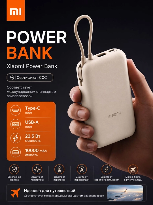 Xiaomi Power Bank 10000 мАч 22,5 Вт, CCC, со встроенным кабелем Type-C - 