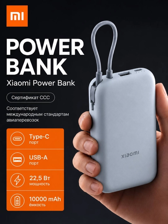Xiaomi Power Bank 10000 мАч 22,5 Вт, CCC, со встроенным кабелем Type-C - 