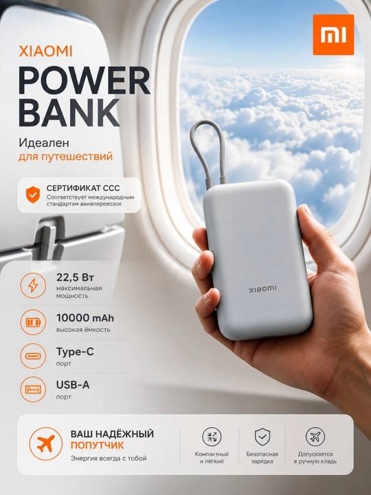 Xiaomi Power Bank 10000 мАч 22,5 Вт, CCC, со встроенным кабелем Type-C