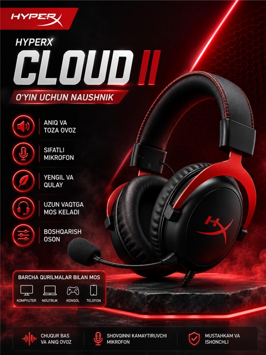 Simli o'yin qulqochinlari HyperX Cloud II Cloud 2 o'yin naushniklari kompyuter, noutbuk - 