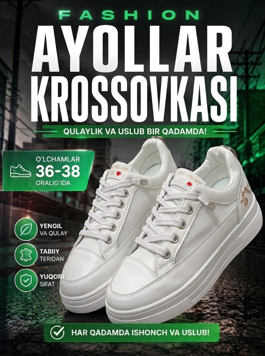 Ayollar krossovkasi oq rangli, ayollar va qizlar uchun qulay kundalik poyabzal 36-38 - 