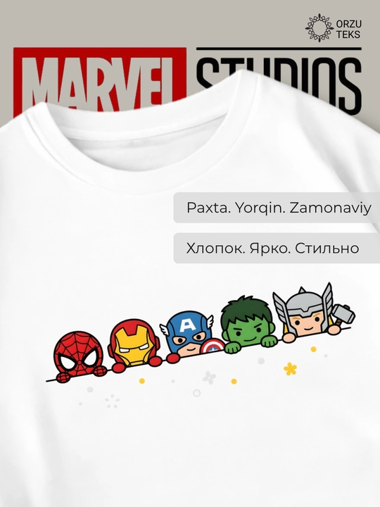O‘g‘il bolalar va qizlar uchun Marvel printli paxta futbolka, ORZU-TEKS