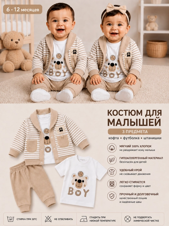 Детский костюм 6–12 месяцев, кофта, футболка и брюки для малышей