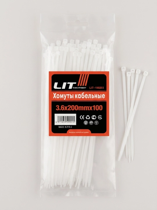 Kabel xomuti (styajka) LIT 3.6x200 mm, oq, neylon, kabellar va simlar uchun, 100 dona - 