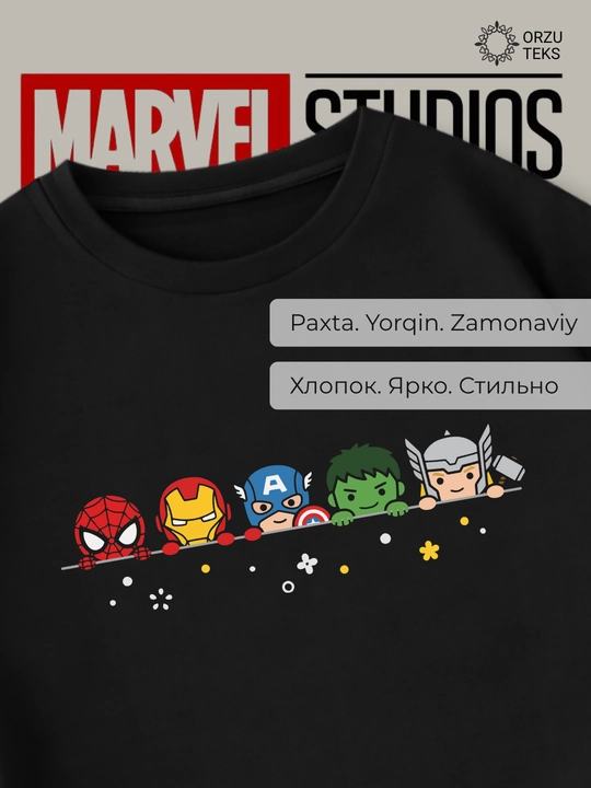 O‘g‘il bolalar va qizlar uchun Marvel printli paxta futbolka, ORZU-TEKS