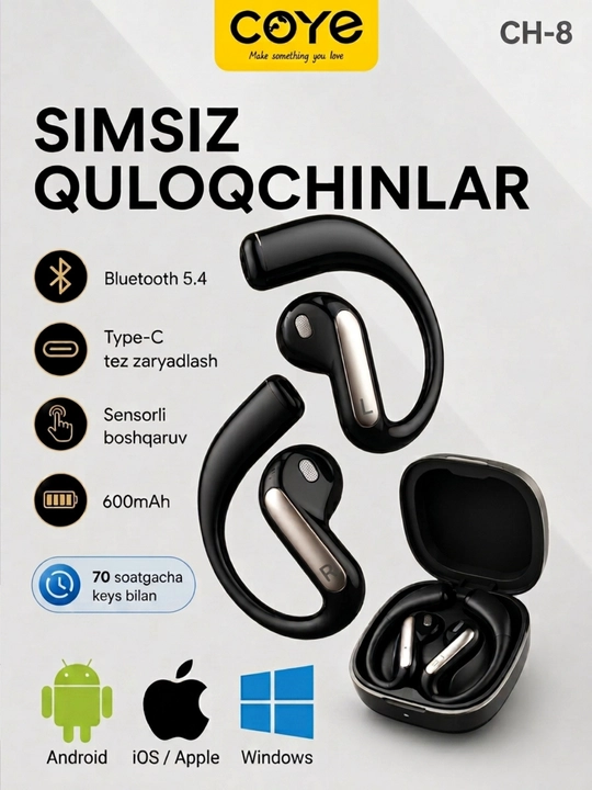 Simsiz quloqchinlar Bluetooth 70 soat ish vaqti mikrofon sensorli suvdan himoyalangan IPX - 