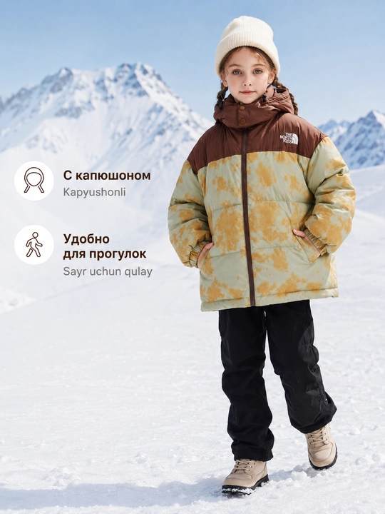 Tay-day kapyushonli bolalar qishki issiq kurtka, katta o‘lchamli momiq, 130-170 sm