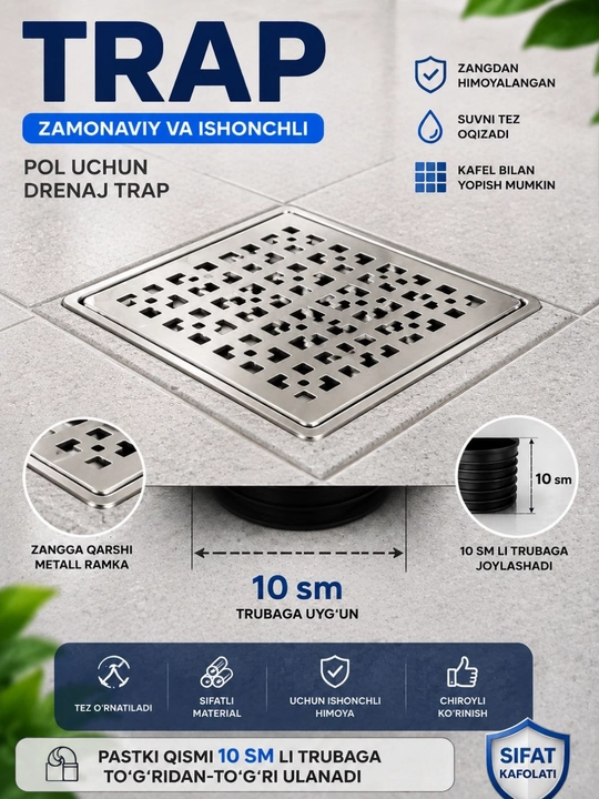 Polga o‘rnatiladigan trap, drenaj trap, 15x15 sm o‘lchamdagi trap