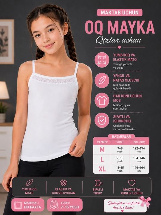 Белая майка для девочек, мягкая и эластичная майка  7-15 лет - 