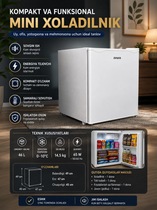 Aiwa mini muzlatgich 46 L, 65 W, 0–10°C, 49×47×45 sm