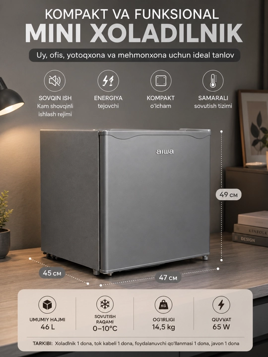 Aiwa mini muzlatgich 46 L, 65 W, 0–10°C, 49×47×45 sm