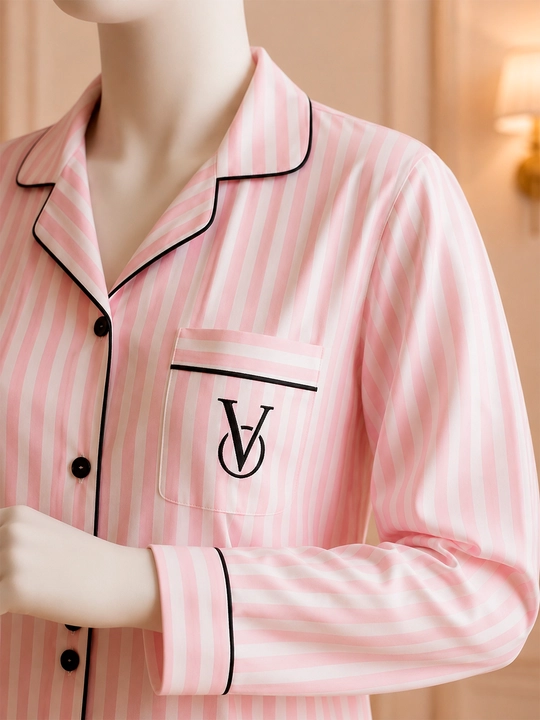 Ayollar uchun pushti chiziqli pijama, uzun yengli va shimli