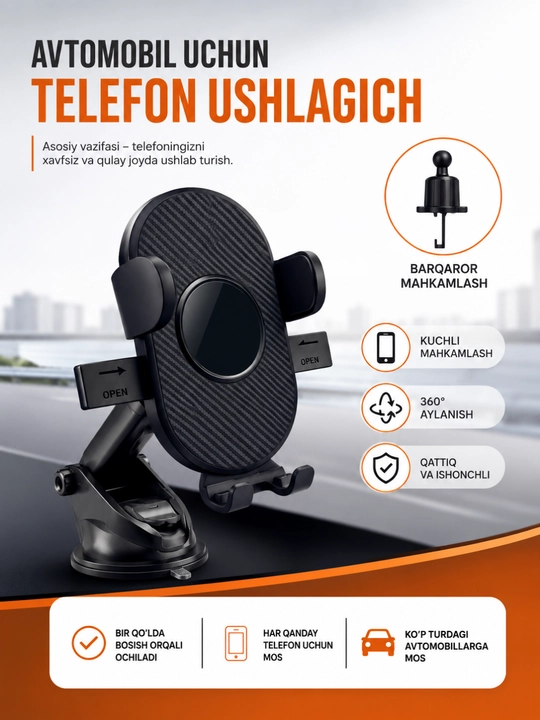 Telefon uchun avtomobil ushlagichi, 360° burilish mexanizmi, panelga mahkamlanadi ° - 