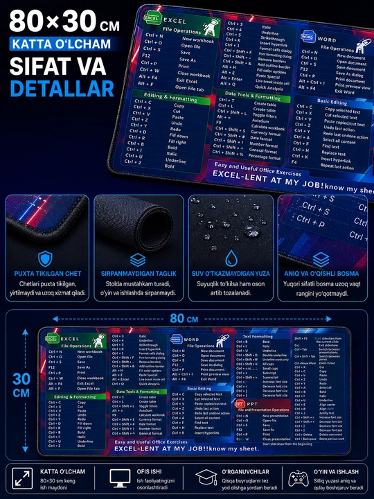 Katta kompyuter kovrik 80x30, gaming mouse pad va klavishli kompyuter gilamcha