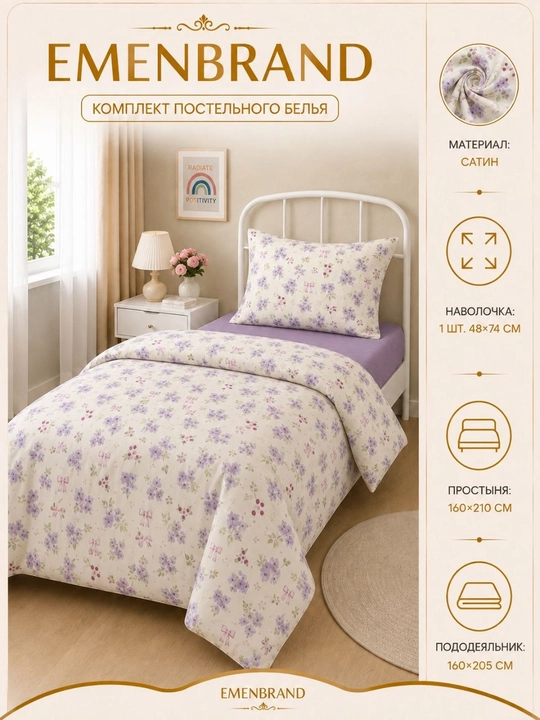 Комплект постельного белья EMEN BRAND, на 2 персоны и на 1 персону, пастельные тона - 