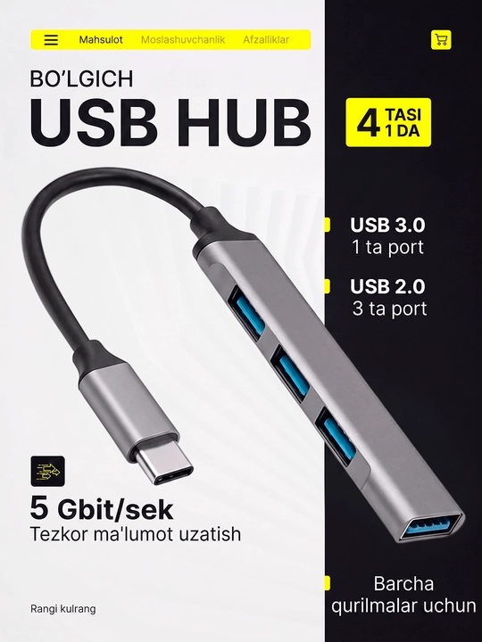 USB Hub 3.0 Type-C, ko‘p portli adapter, noutbuk va MacBook uchun - 