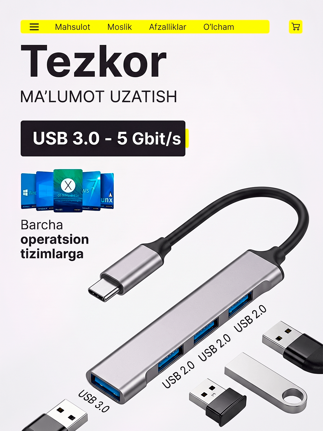 USB Hub 3.0 Type-C, USB-разветвитель и адаптер для ноутбука и MacBook