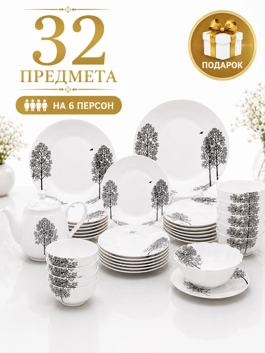 Набор посуды Torix на 6 персон, 32 предмета, стеклокерамика, подарочная упаковка