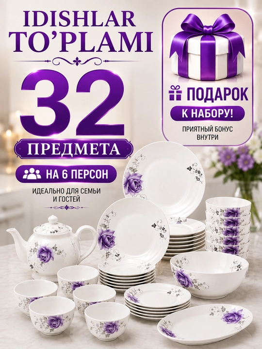 Набор посуды Torix на 6 персон, 32 предмета, стеклокерамика, подарочная упаковка