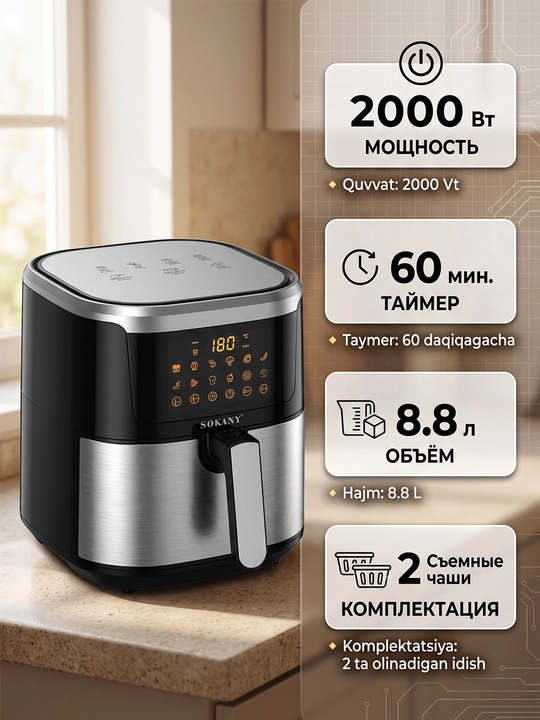 SOKANY SK-10037 aerogrill, ikki savatli yog‘siz frityurnitsa, 8,8 l, 2000 Vt