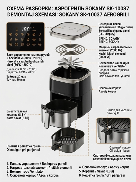 SOKANY SK-10037 aerogrill, ikki savatli yog‘siz frityurnitsa, 8,8 l, 2000 Vt