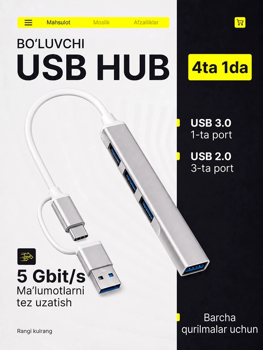 USB Hub 3.0 Type-C, ko‘p portli adapter, noutbuk va MacBook uchun - 
