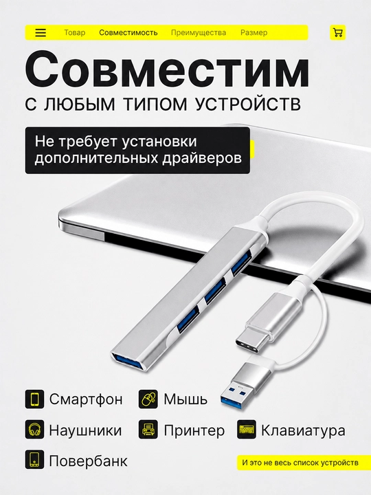 USB Hub 3.0 Type-C, ko‘p portli adapter, noutbuk va MacBook uchun