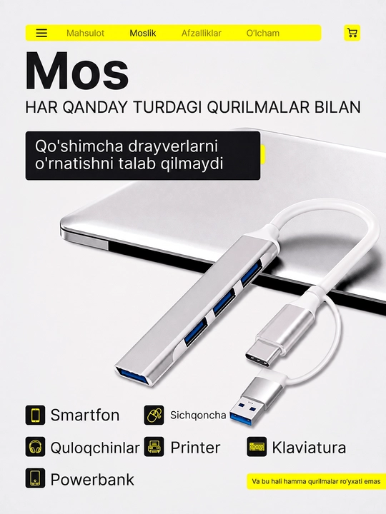 USB Hub 3.0 Type-C, ko‘p portli adapter, noutbuk va MacBook uchun