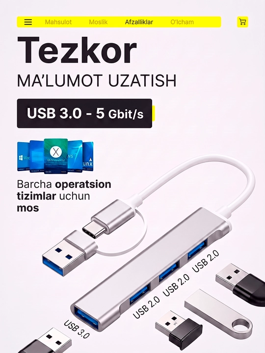 USB Hub 3.0 Type-C, ko‘p portli adapter, noutbuk va MacBook uchun