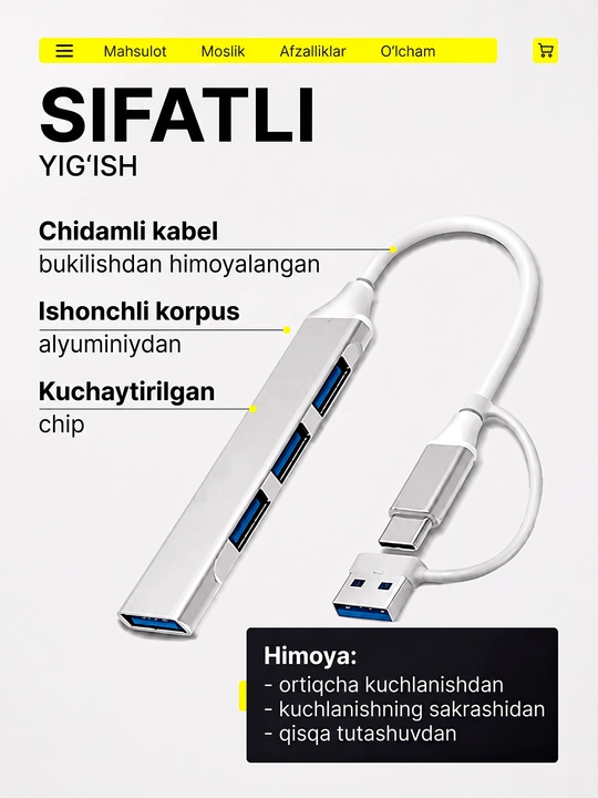 USB Hub 3.0 Type-C, ko‘p portli adapter, noutbuk va MacBook uchun