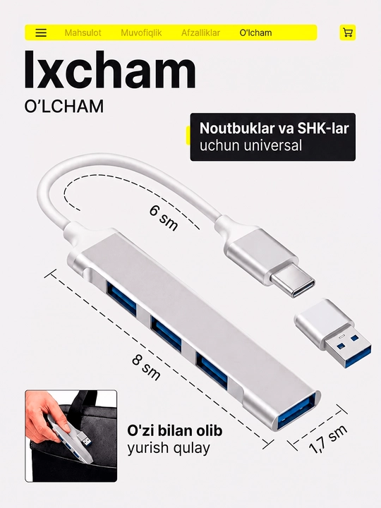 USB Hub 3.0 Type-C, ko‘p portli adapter, noutbuk va MacBook uchun