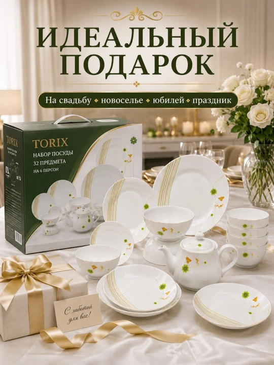 Набор посуды Torix на 6 персон, 32 предмета, стеклокерамика, подарочная упаковка