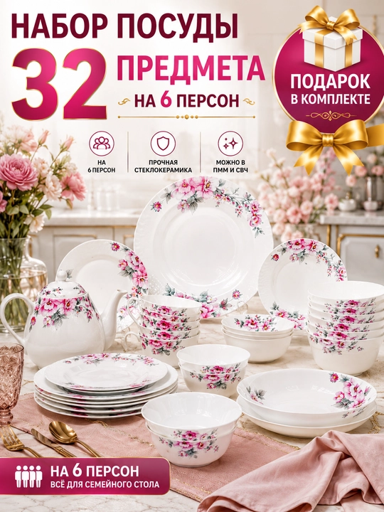 Набор посуды Torix на 6 персон, 32 предмета, стеклокерамика, подарочная упаковка