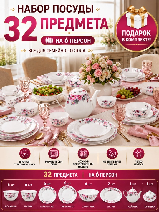 Набор посуды Torix на 6 персон, 32 предмета, стеклокерамика, подарочная упаковка