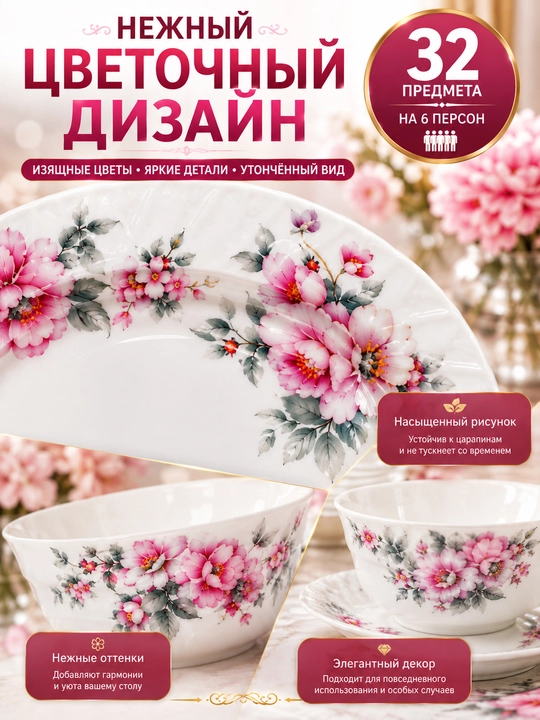 Набор посуды Torix на 6 персон, 32 предмета, стеклокерамика, подарочная упаковка