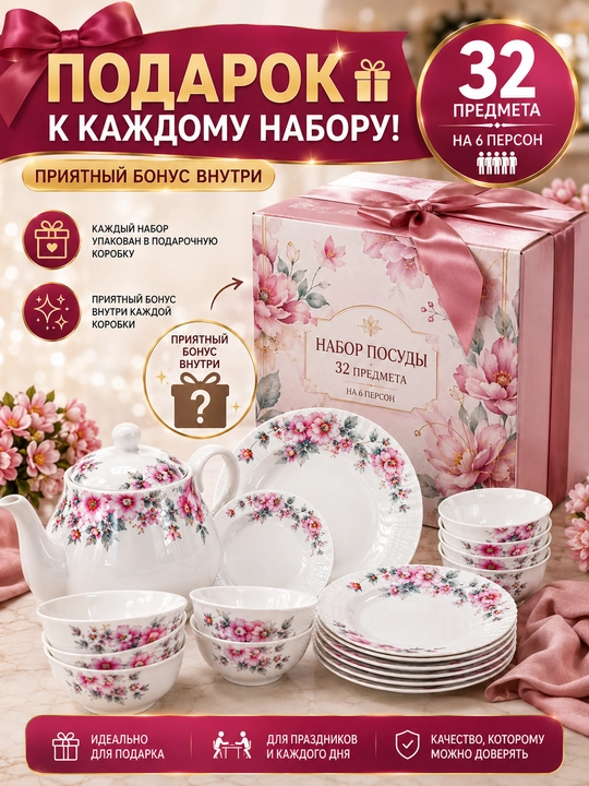 Набор посуды Torix на 6 персон, 32 предмета, стеклокерамика, подарочная упаковка