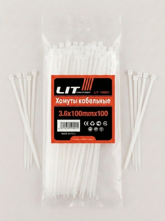 Kabel xomuti (styajka) LIT 3.6x200 mm, oq, neylon, kabellar va simlar uchun, 100 dona