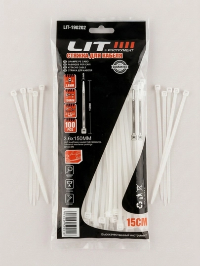 Kabel xomuti (styajka) LIT 3.6x200 mm, oq, neylon, kabellar va simlar uchun, 100 dona