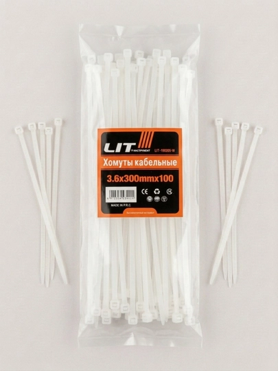 Kabel xomuti (styajka) LIT 3.6x200 mm, oq, neylon, kabellar va simlar uchun, 100 dona