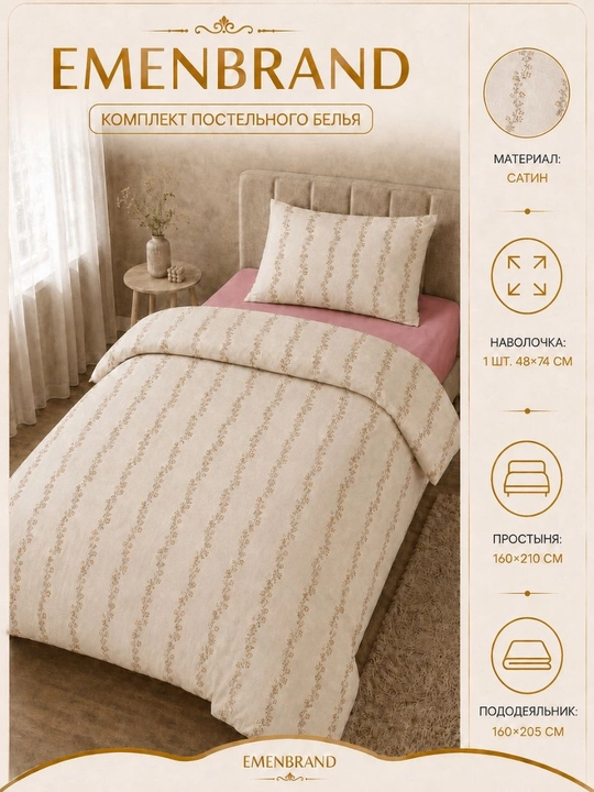 Комплект постельного белья EMEN BRAND, на 2 персоны и на 1 персону, пастельные тона - 