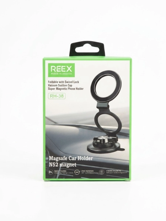 REEX magnitli MagSafe vakuumli RH-38 qora rangli avtomobil telefon ushlagichi