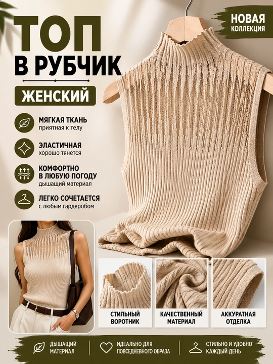 Женский топ под пиджак, американка, водолазка без рукавов, 42-48 - 
