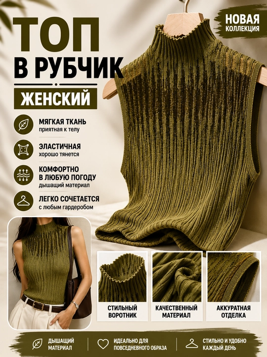 Женский топ под пиджак, американка, водолазка без рукавов, 42-48 - 