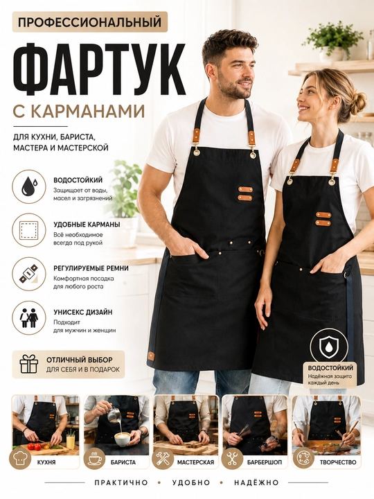Фартук кухонный универсальный водоотталкивающий, регулируемый, профессиональный для кухни - 